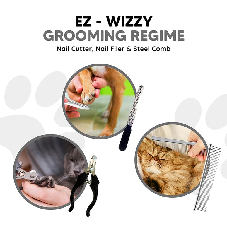 EZ-Wizzy pet grooming kit—nail cutter, nail filer and steel comb for dogs and cats