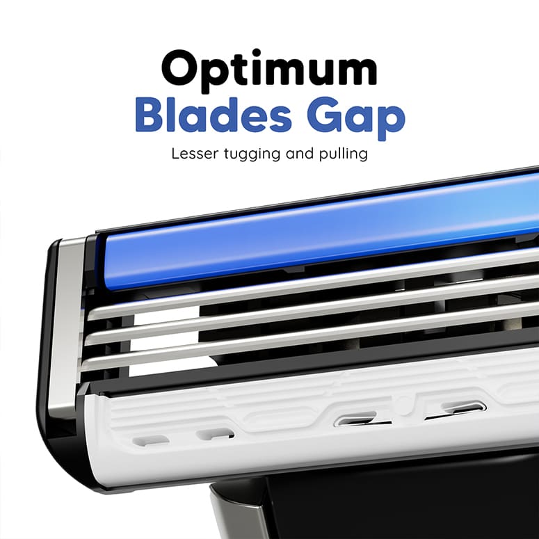 Three blade razor with optimum blade gap to reduce tugging and irritation for sensitive skin