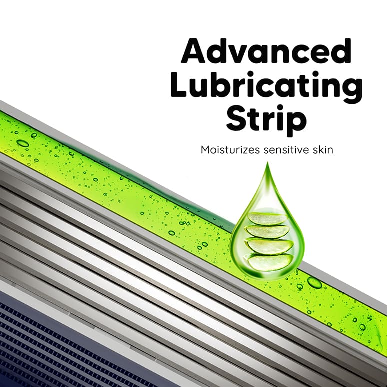 Close-up of LetsShave Pro 6 Plus Razor lubricating strip with Aloe Vera for sensitive skin