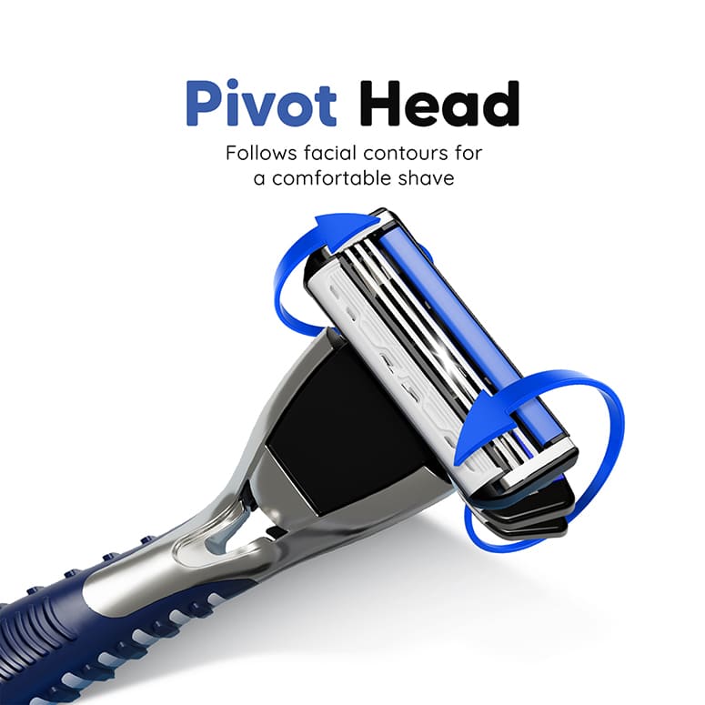 Pivot head razor designed to follow facial contours and provide a comfortable shave for sensitive skin