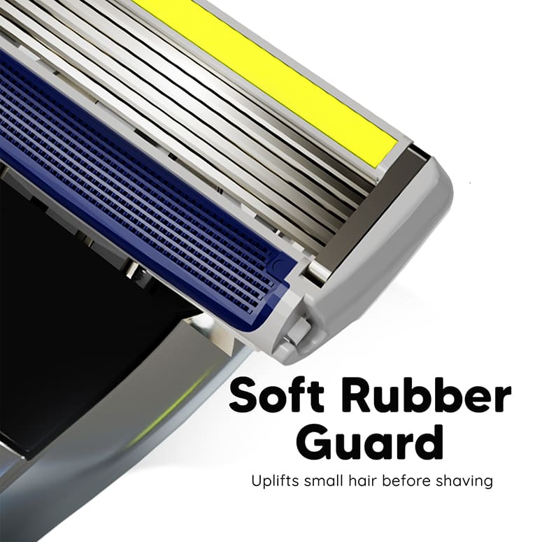 Close-up of LetsShave Pro 6 Plus Razor soft rubber guard lifting hair before shaving