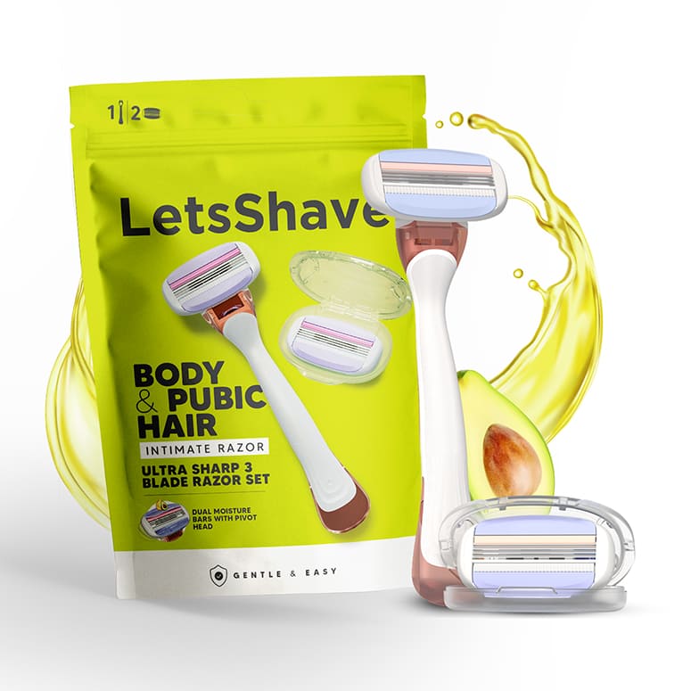 LetsShave Body & Pubic Hair Razor for Men – 3-blade razor for private area, groin, and sensitive skin with Avocado moisture bars and Aloe Vera strip.