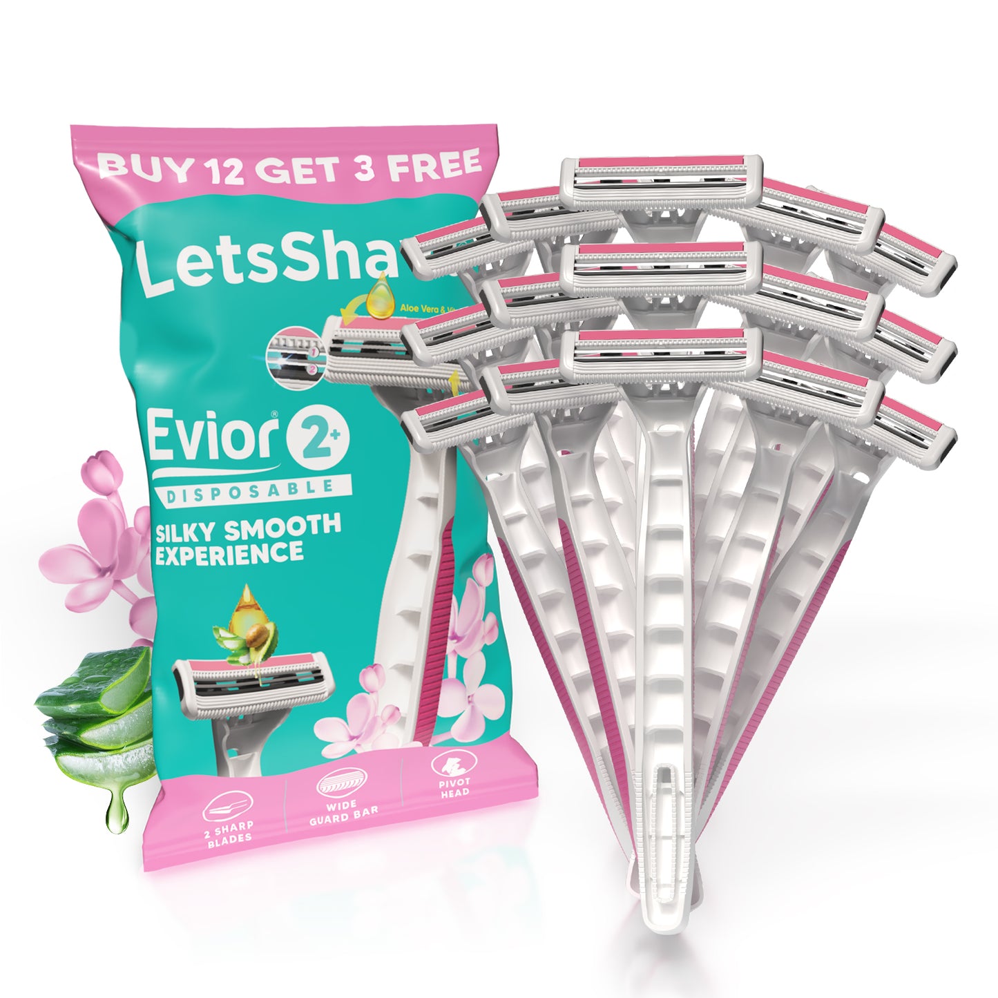 Evior 2+ Disposable Razor Pack – Silky Smooth 2-Blade Experience (Buy 12 Get 3 Free | Pack of 15)