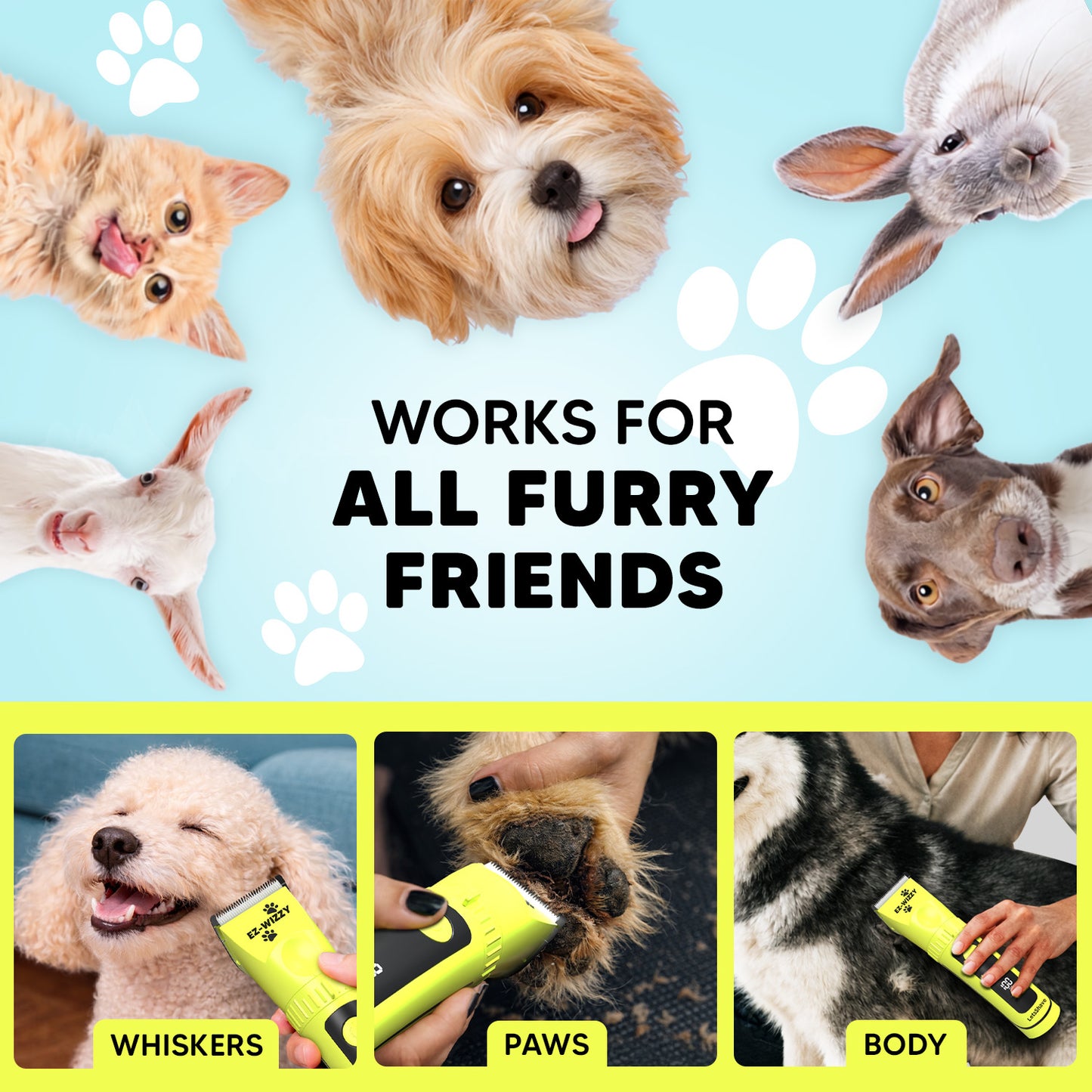 EZ-Wizzy Pet Trimmer Pro Grooming Kit – Quiet Pet Clipper with Ceramic Blades, Adjustable Length & Complete Grooming Tools