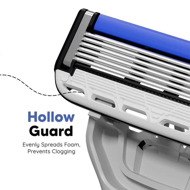 Hollow guard spreads foam evenly – LetsShave Pro 6 Portable 6 blade disposable razor for men