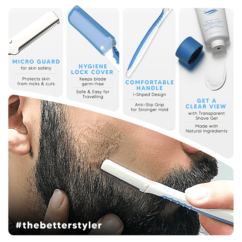 Pro Styler features: micro-guard blades, hygiene lock cover, anti-slip handle, clear shave gel—safe, quick beard edging.