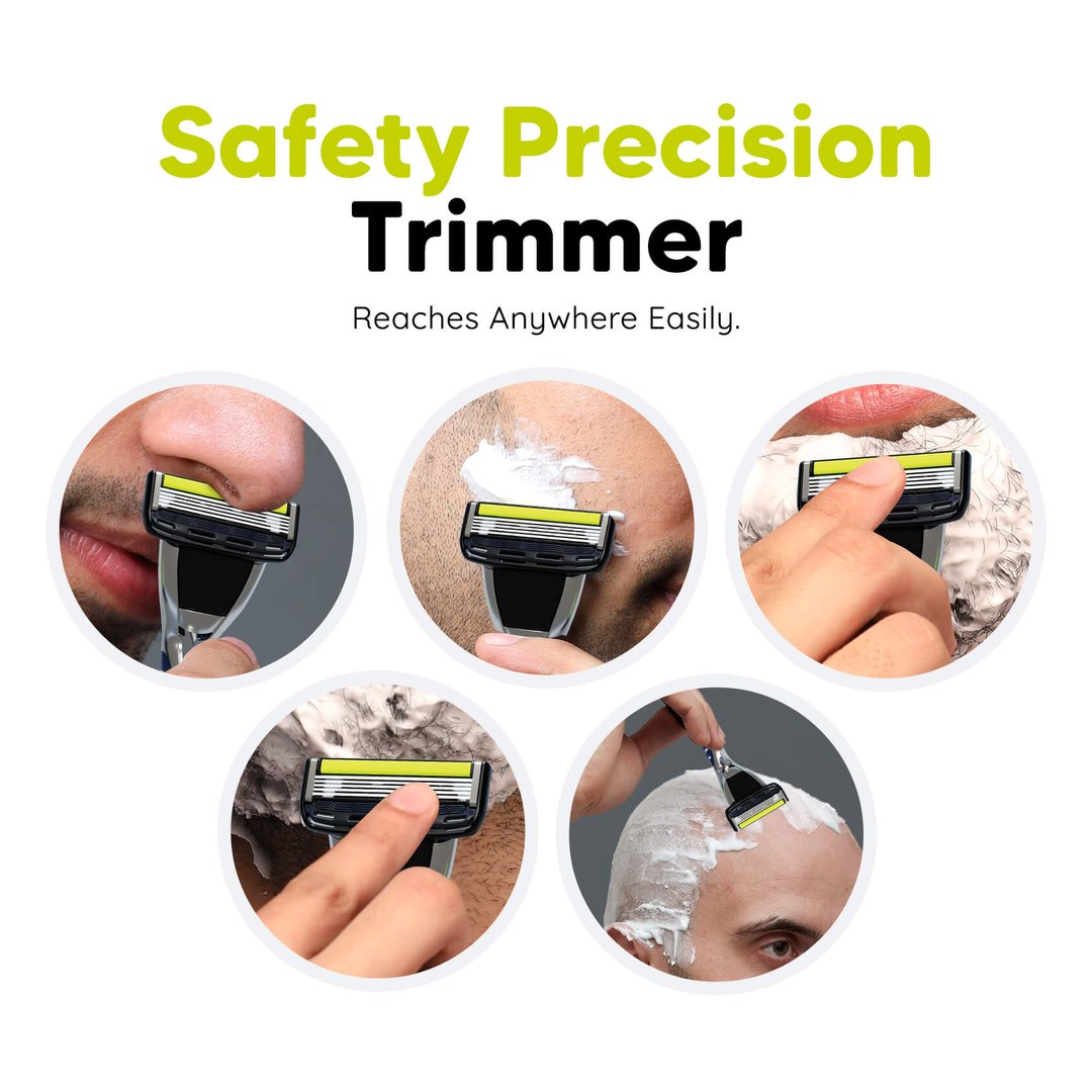 Safety Precision Trimmer with multiple usage scenarios on a white background
