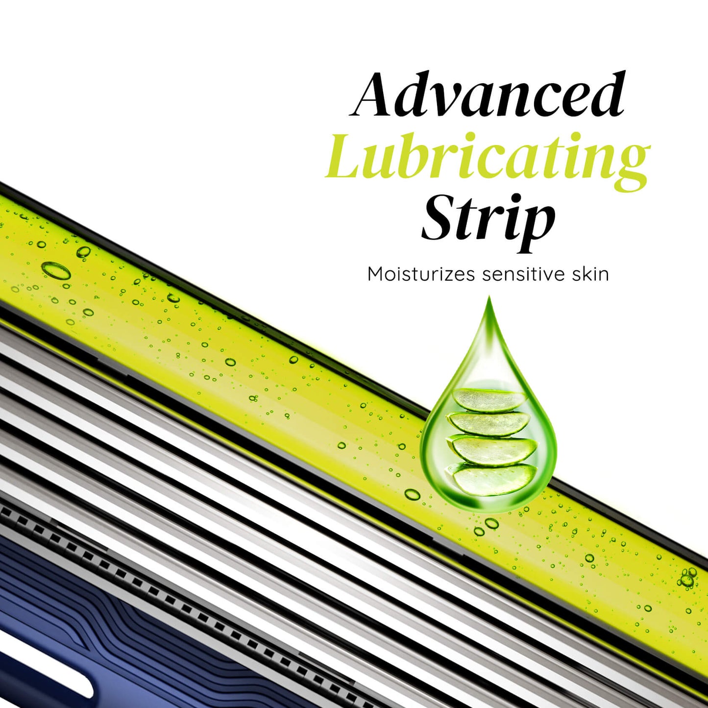 Aloe vera lubrication strip on LetsShave Pro 5 Plus razor for moisturizing sensitive skin