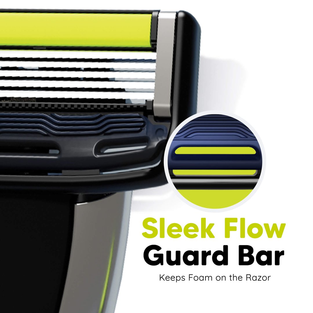 Close-up of a razor with a 'Sleek Flow Guard Bar' feature on a white background.