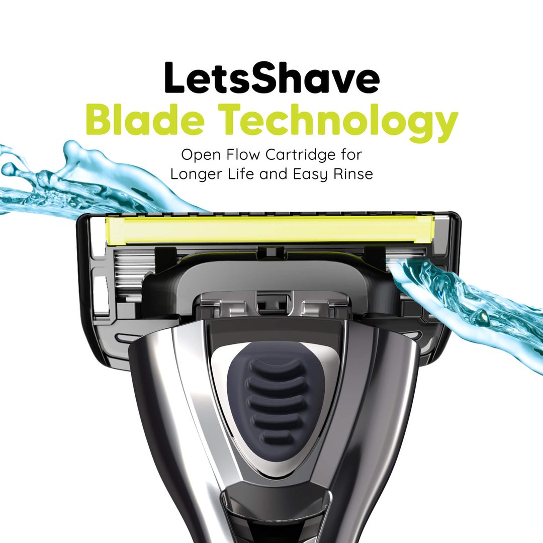 Shaving machine with water flow illustration and 'LetsShave' branding on a white background