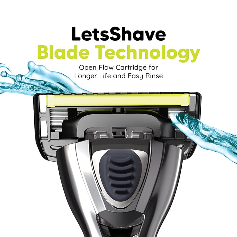 LetsShave shaving razor blade cartridge with open flow technology for longer life and easy rinse.