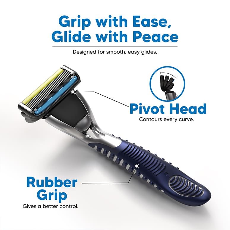 Ergonomic shaving razor with pivot head and non-slip rubber grip for smooth, easy shaving control
