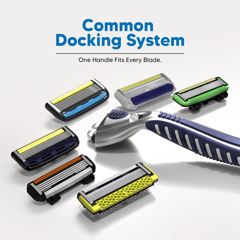 LetsShave universal docking system – one razor handle fits all Pro cartridges including acne-friendly blades