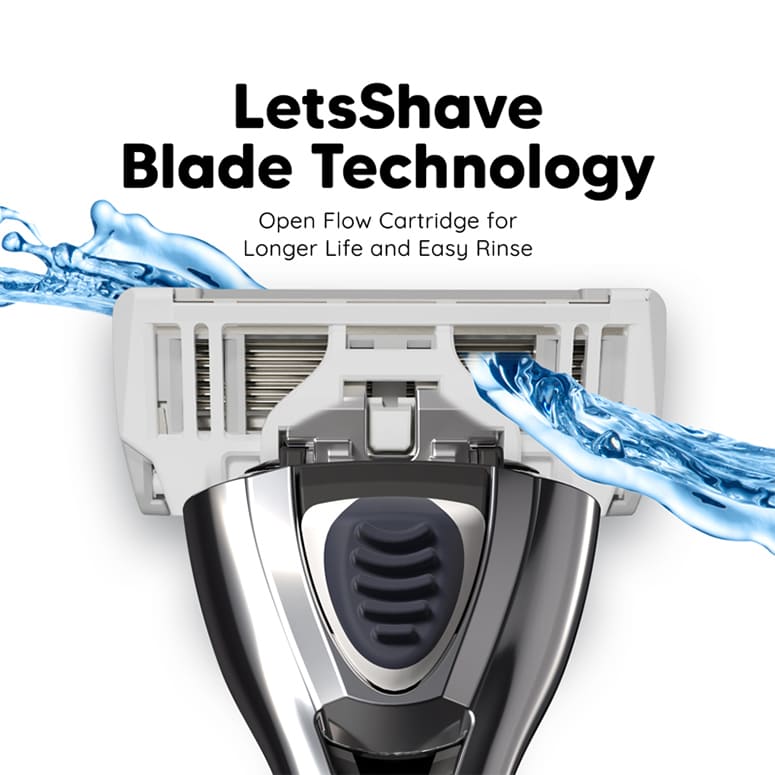 LetsShave blade technology—open-flow cartridge for longer life and easy rinse