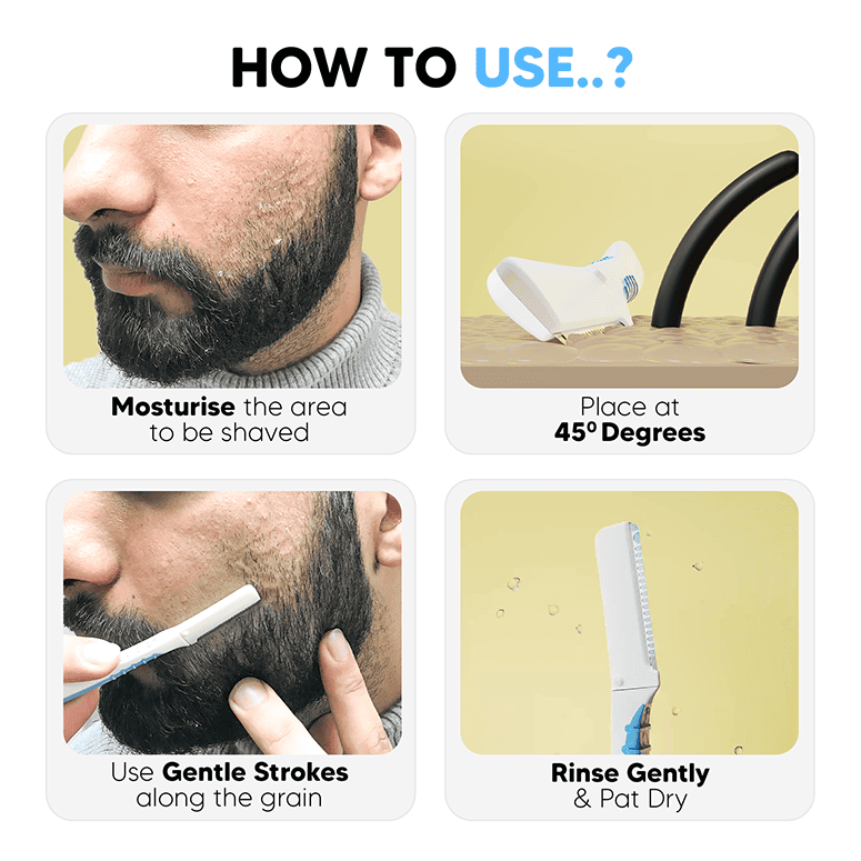 How to use LetsShave Pro Styler—moisturise, hold at 45°, gentle strokes along the grain, rinse & pat dry.