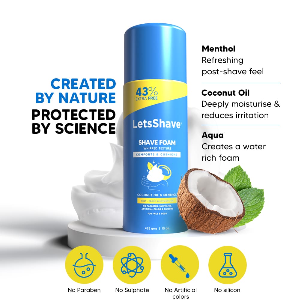 LetsShave Shave Foam with coconut oil, menthol and no parabens for a smooth shave