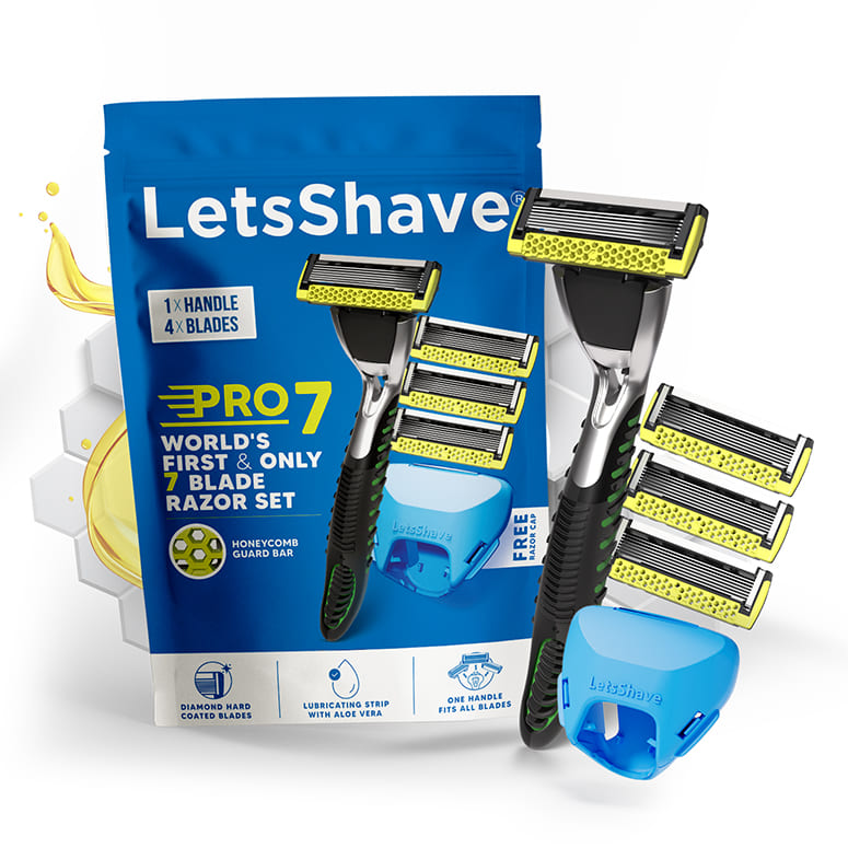 LetsShave Pro 7 Razor Value Set for Men – World’s first and only 7-blade razor with honeycomb guard bar, Aloe Vera lubrication strip, ergonomic handle, 4 blade refills, and travel cap.