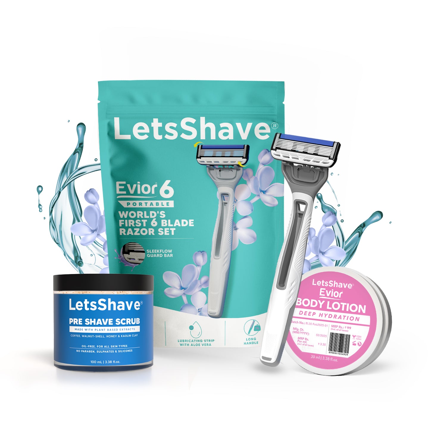 Evior 6 Step-Wise Kit – Portable Razor + Pre Shave Scrub + Body Lotion