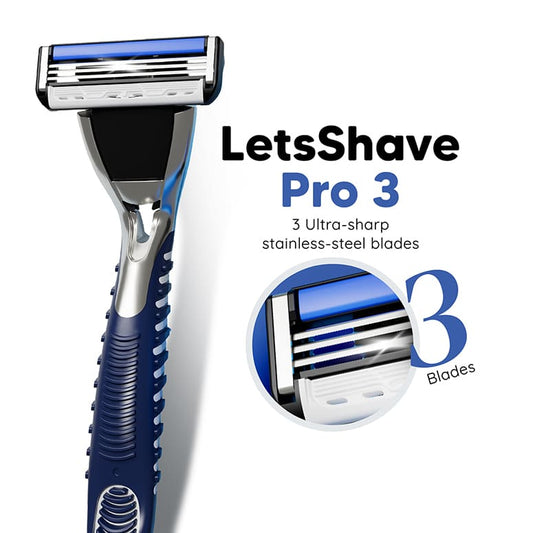 LetsShave Pro 3 razor for sensitive skin featuring 3 ultra-sharp stainless steel blades for a smooth and gentle shave