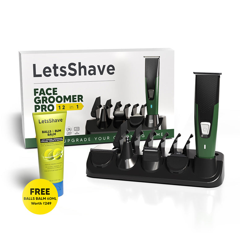 Letsshave Face Groomer Pro 12-in-1 trimmer for men—man trimming beard; USB-C charging and skin-safe blades