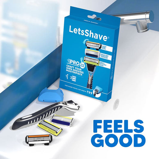 LetsShave PRO Trial Pack razor kit with metal handle, travel cap and 3 cartridges on sink