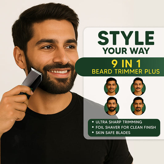 Man styling beard with LetsShave 9-in-1 beard trimmer plus features