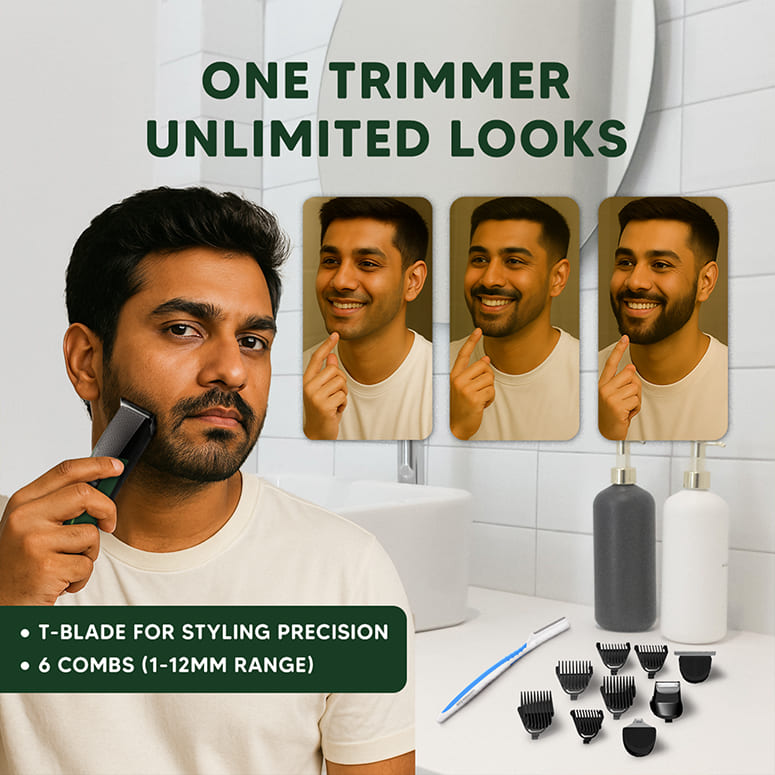 One trimmer unlimited looks—T-blade precision and six comb guards 1-12mm