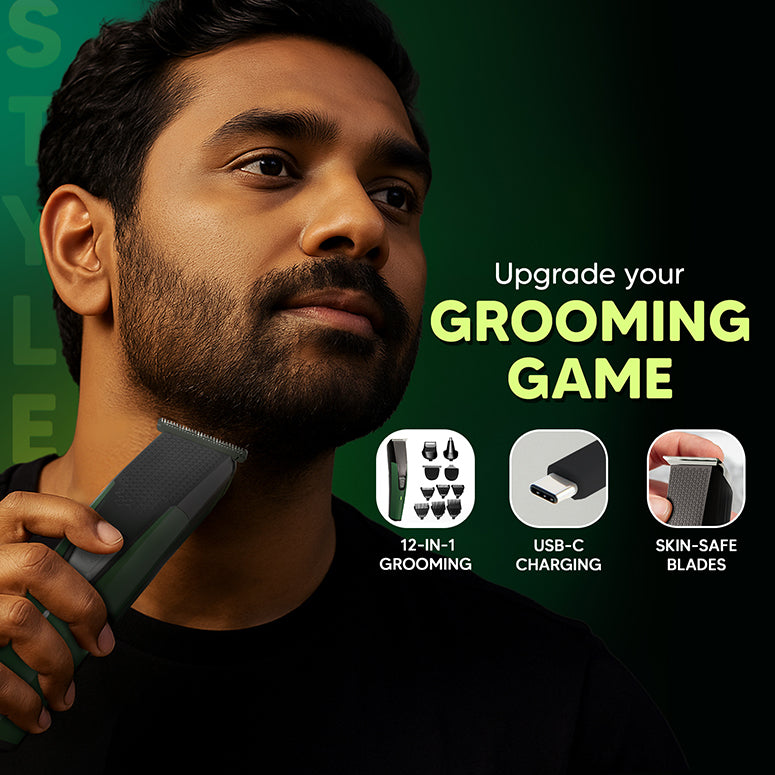 What’s in the box—Letsshave Face Groomer Pro 12-in-1 kit with trimmer, heads, 1–12 mm combs, oil, brush, USB-C cable, stand, manual