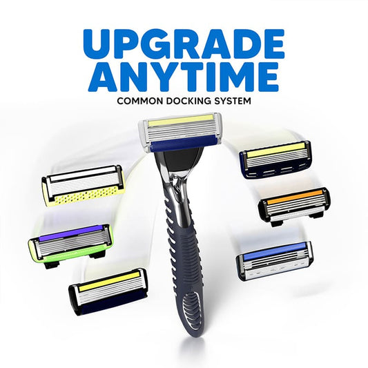 LetsShave Pro razor with common docking—upgrade anytime to Pro 3/4/5/6/7 blade cartridges