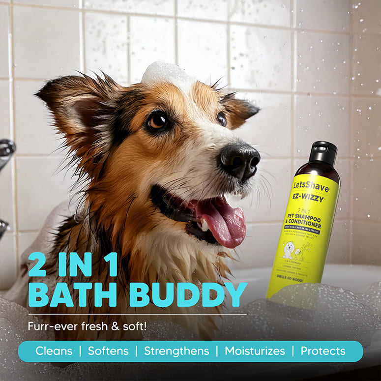 2-in-1 dog shampoo & conditioner—bath time lather cleans, softens, moisturizes; wet dog in tub