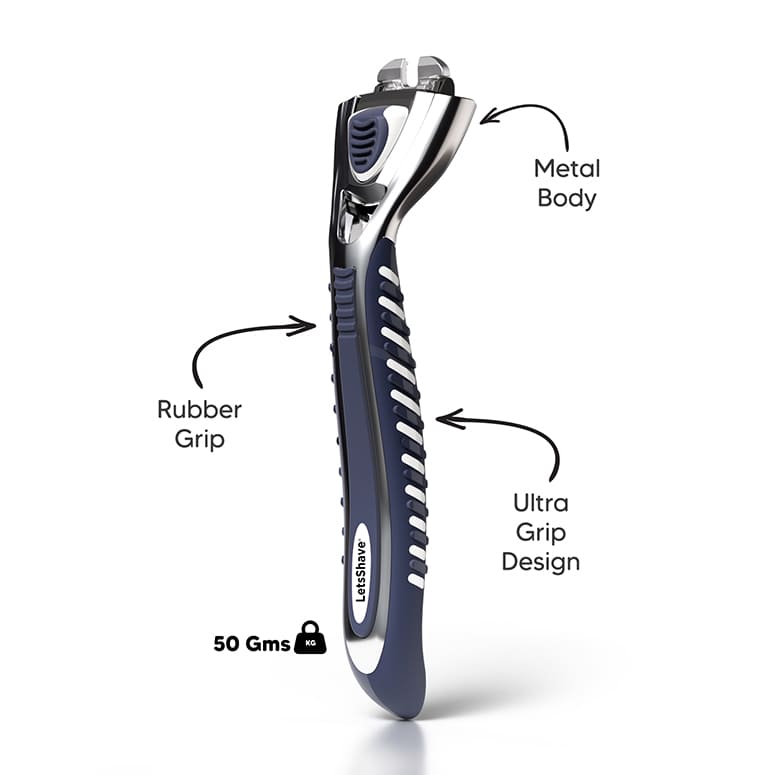LetsShave metal razor handle (50 g) with ultra-grip rubber design for precise control