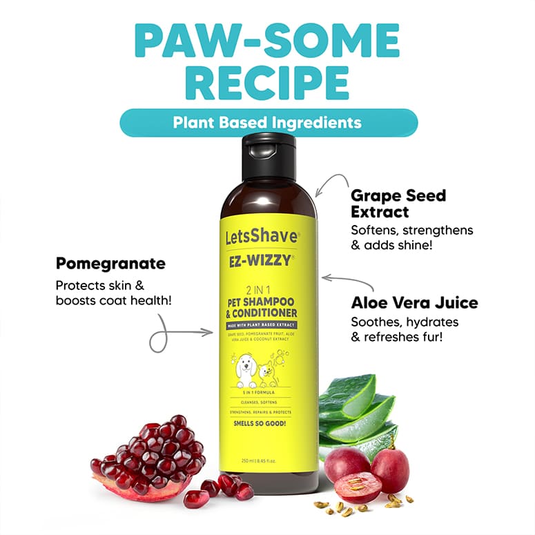 Plant-based pet shampoo ingredients—pomegranate, grape seed extract & aloe vera in EZ-Wizzy 2-in-1 formula