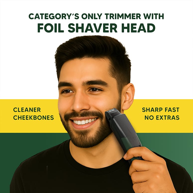 Foil shaver head on beard trimmer for clean cheekbones and sharp lines
