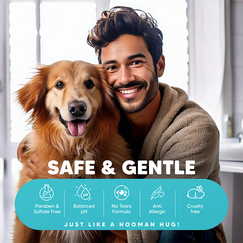 Safe & gentle dog shampoo—paraben & sulfate free, balanced pH, no-tears; man cuddling a happy clean dog
