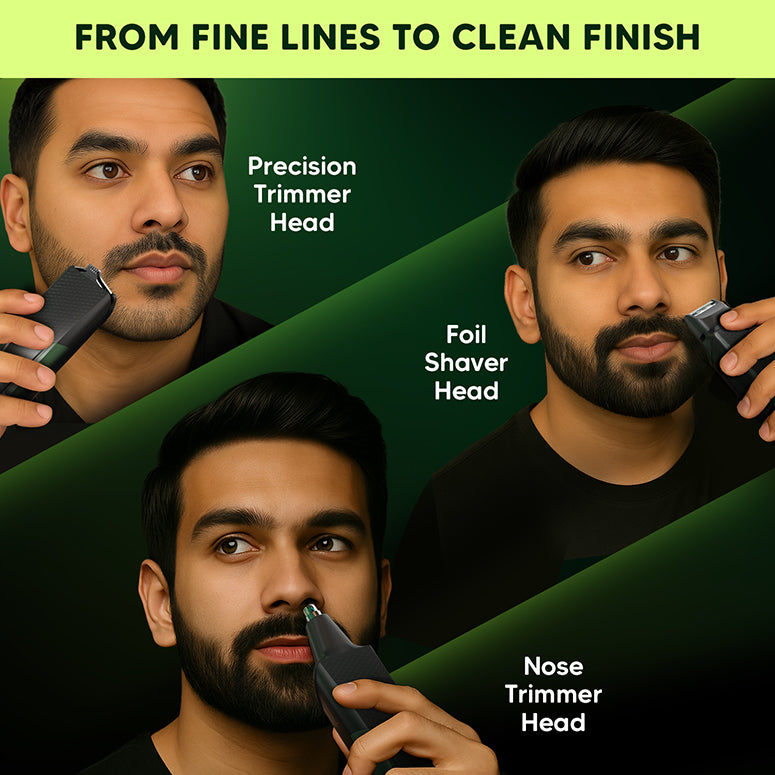 Click-fit washable heads—precision, T-shaped, foil shaver and nose—on Face Groomer Pro trimmer for men
