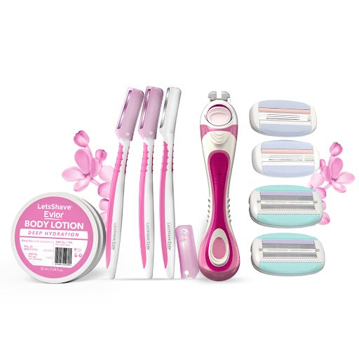 Evior Women’s Shaving Kit | 6 Blade Razor for Women with Refills, Shave Gel & Body Lotion