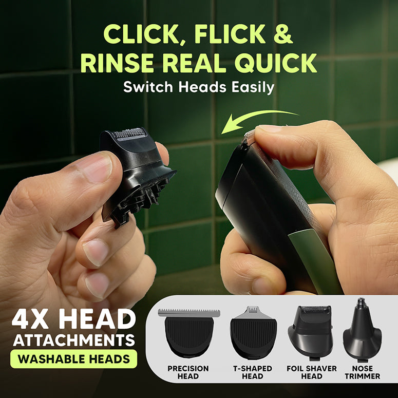 Interchangeable heads on Letsshave all-in-one trimmer: precision trimmer, foil shaver and nose trimmer in use