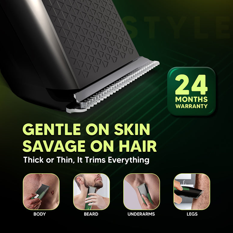 Face Groomer Pro all-in-one trimmer with 1–12 mm comb attachments for multiple beard styles