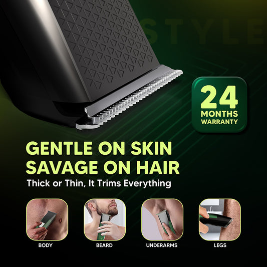 Face Groomer Pro all-in-one trimmer with 1–12 mm comb attachments for multiple beard styles