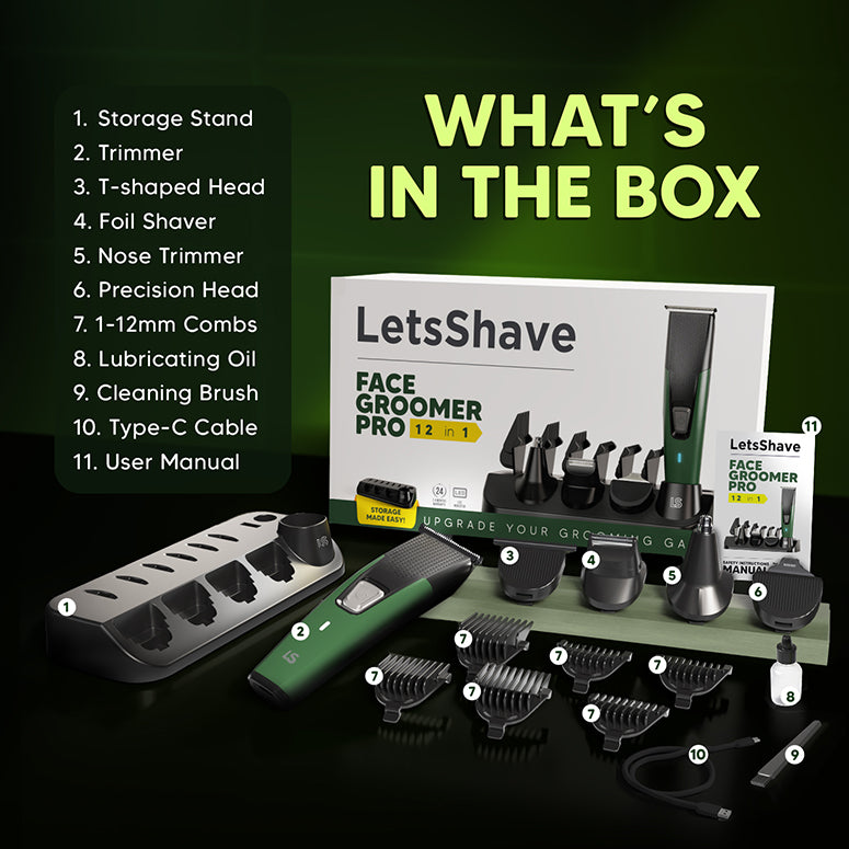 Letsshave Face Groomer Pro 12-in-1 trimmer set with attachments on storage stand plus free Balls Balm 60 ml