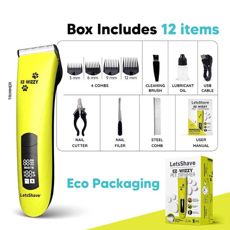 EZ-Wizzy pet trimmer box—12 items: 3–12 mm combs, cleaning brush, lubricant oil, USB cable, user manual