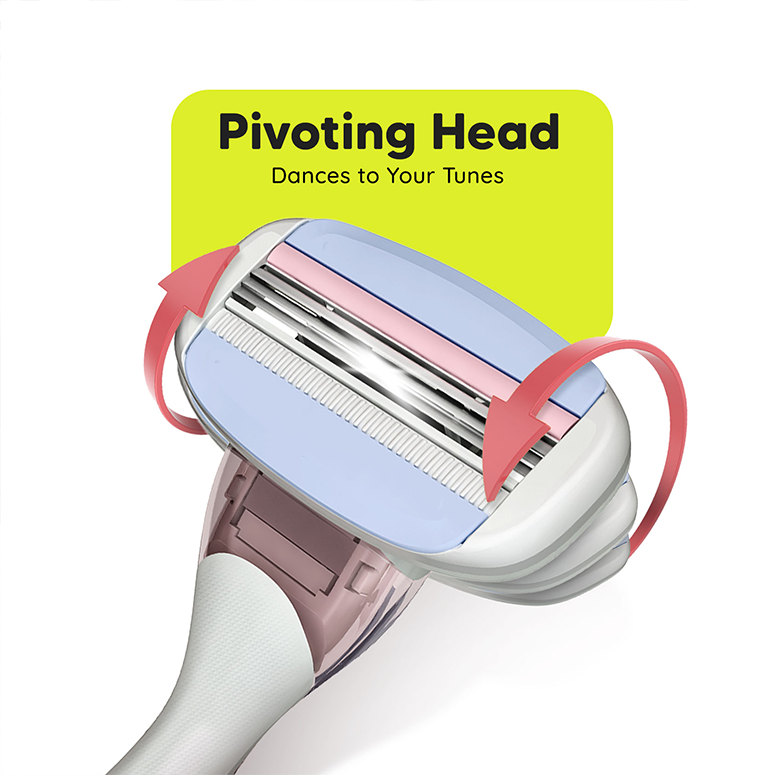 Pivoting razor head follows contours for a comfortable body and pubic shave