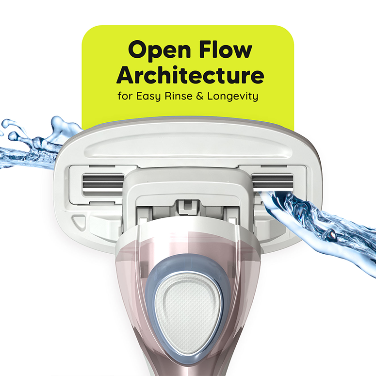 Open-flow razor cartridge design for easy rinse and longer life—LetsShave Intimate Razor