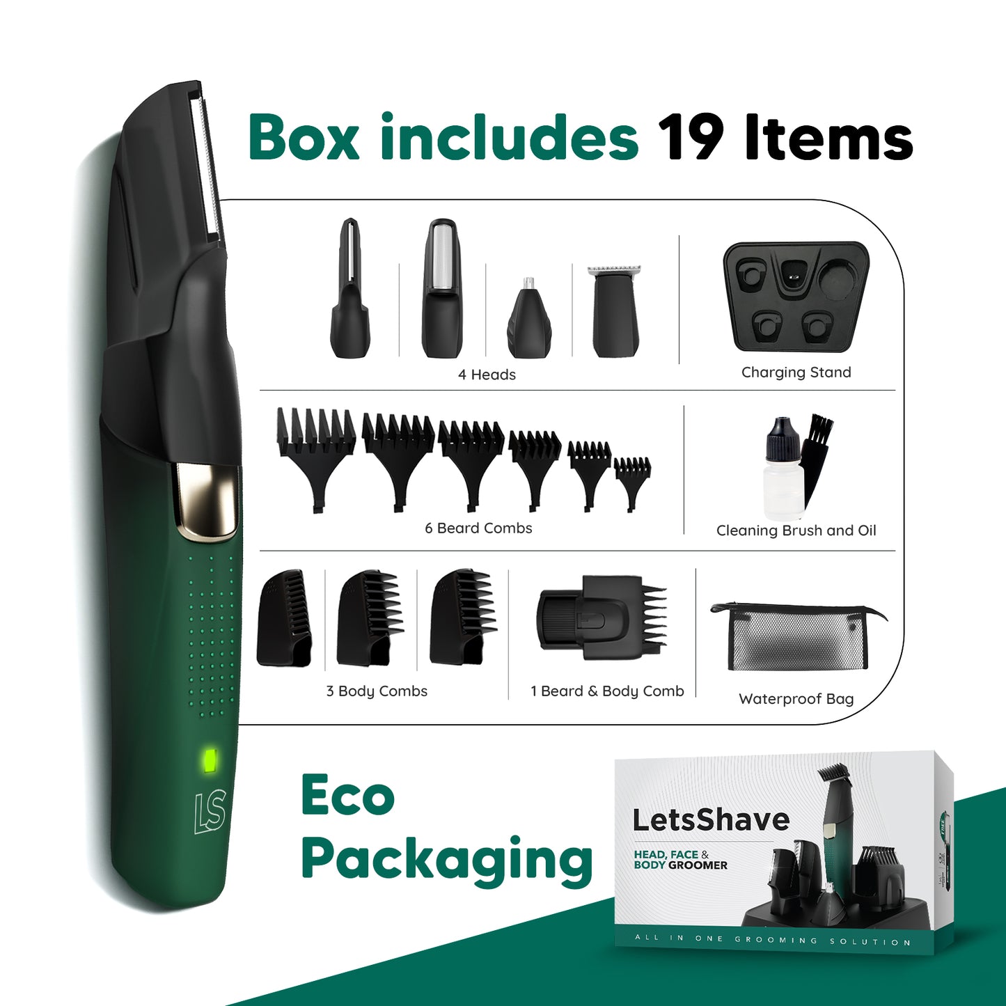 Head, Face & Body Groomer for Men – 19-Piece All-in-One Trimmer & Grooming Kit