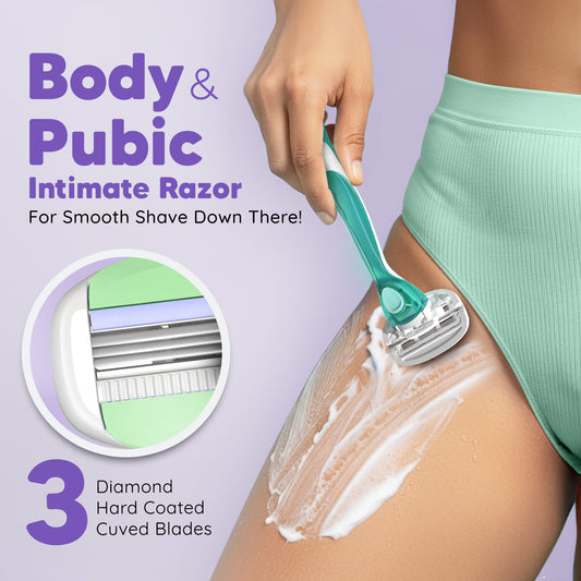Body & Pubic Hair Razor for Women | Intimate Razor | 1 Handle + 2 Cartridges + Travel Case