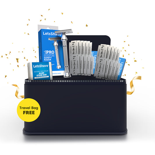LetsShave Signature Safety Razor Value Set with 20 Blades, Alum Bar & Free Travel Bag