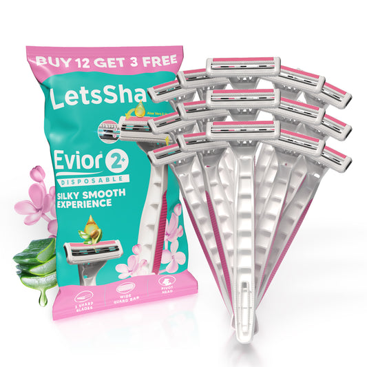 Evior 2+ Disposable Razor Pack – Silky Smooth 2-Blade Experience (Buy 12 Get 3 Free | Pack of 15)