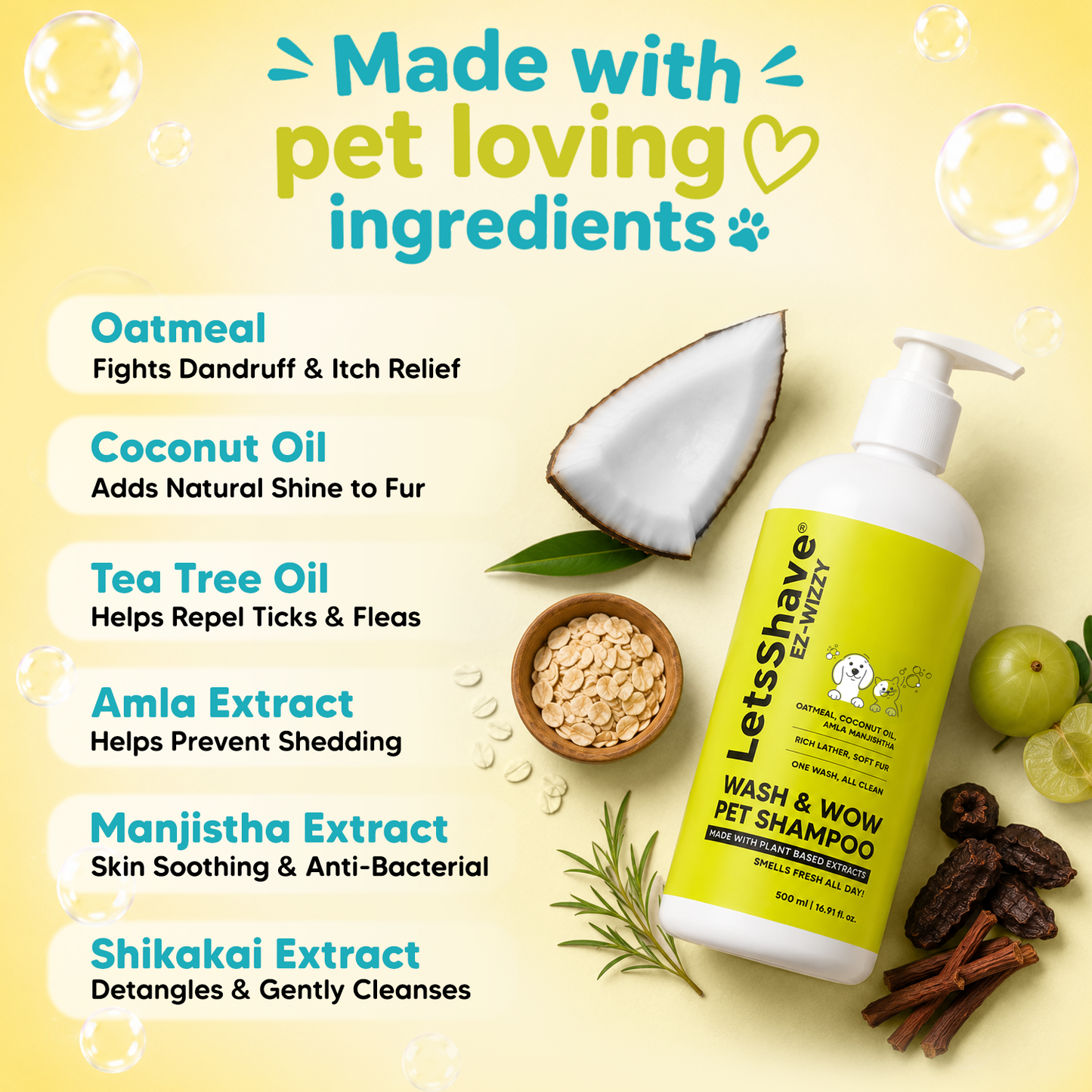 EZ-WIZZY Wash & Wow Pet Shampoo for Dogs | Oatmeal, Coconut Oil, Amla & Shikakai | Anti-Itch, Anti-Dandruff & Deodorizing Formula | 500ml