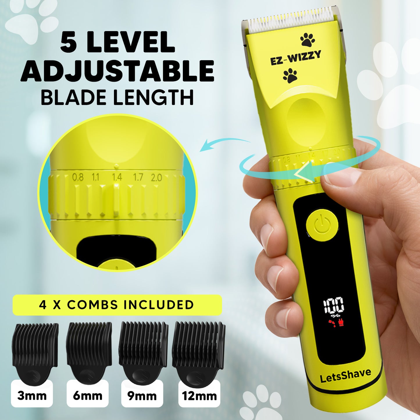 EZ-Wizzy Pet Trimmer Pro – Quiet, Cordless Grooming Kit for Dogs & Cats with Ceramic Blades & Adjustable Length