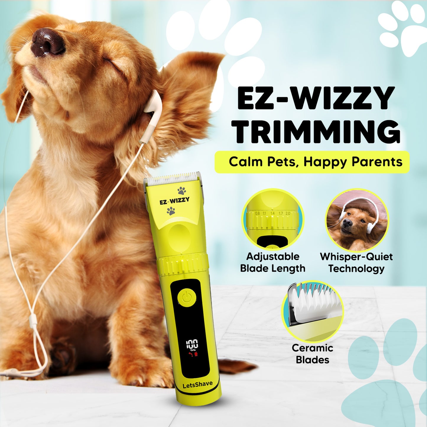 EZ-Wizzy Pet Trimmer Pro Grooming Kit – Quiet Pet Clipper with Ceramic Blades, Adjustable Length & Complete Grooming Tools